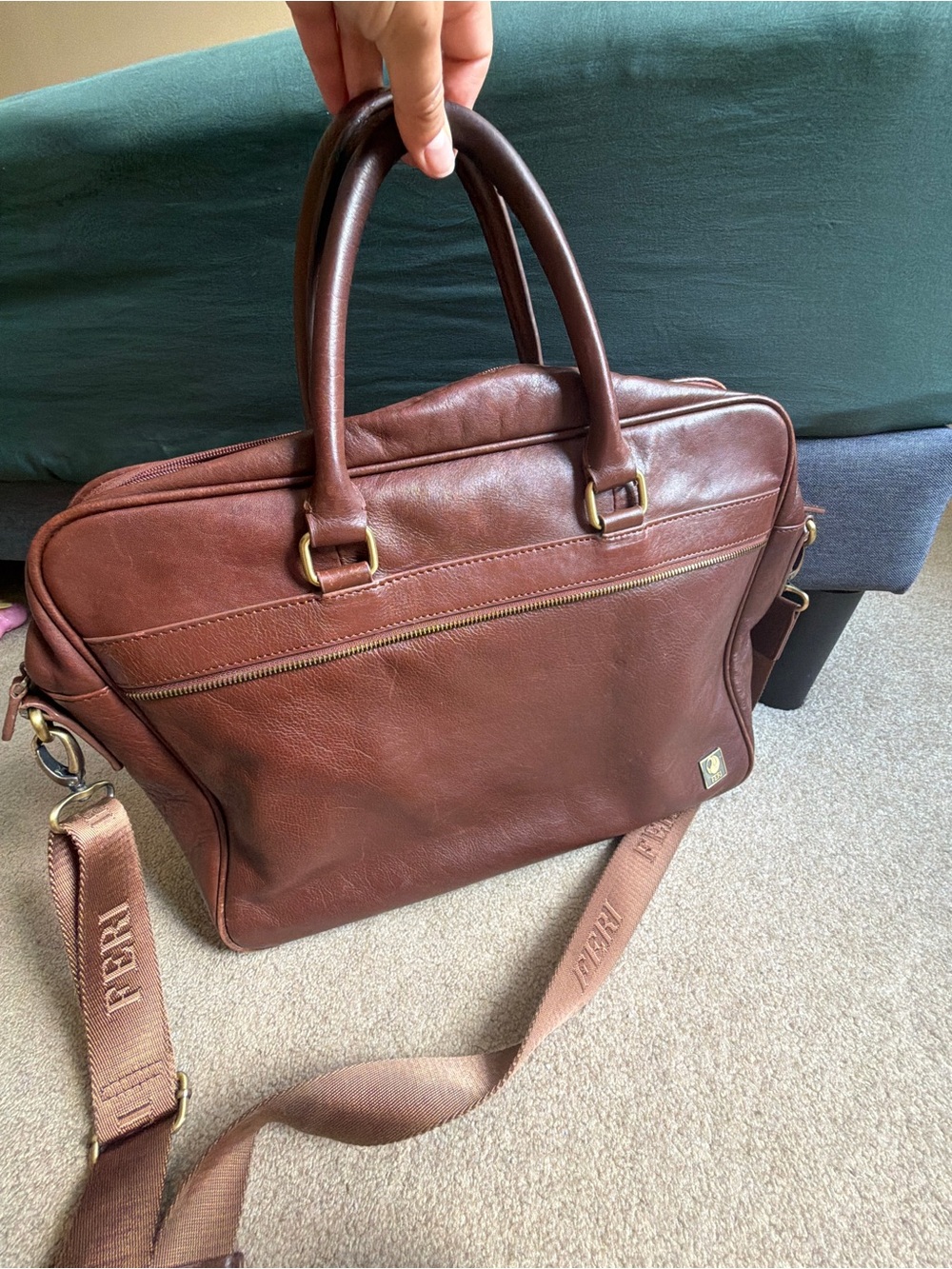 FERI Brown Leather Laptop Briefcase Messenger Bag Vintage Work Bag